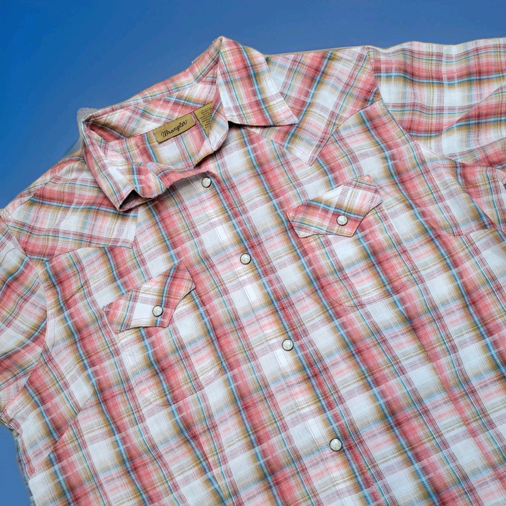 Wrangler Wrancher Women's M Check Pearl Snap Double Chest Pockets Brown & Peach